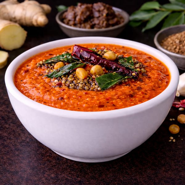 Vibrant orange chutney in a white bowl, garnished with red chilies, curry leaves, and peanuts.