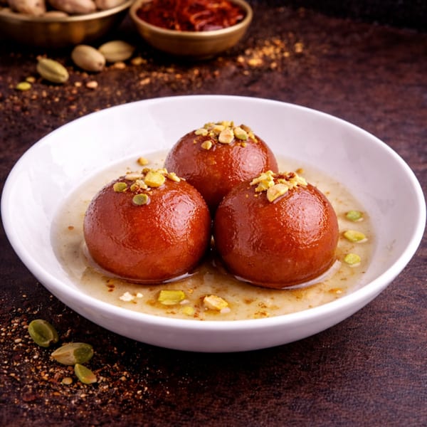 Three gulab jamun, garnished with pistachios, in a white bowl with syrup.