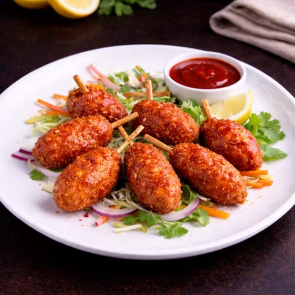 Seven crispy chicken lollipops with sticks, served on a bed of salad with a side of red sauce.