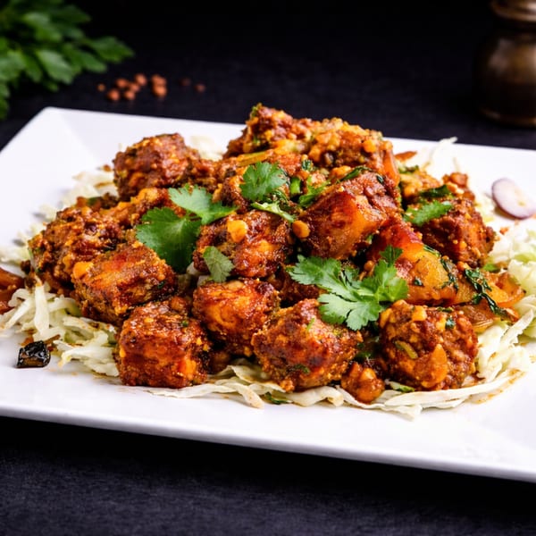 Spicy chicken dish with cilantro and shredded cabbage on a white rectangular plate.