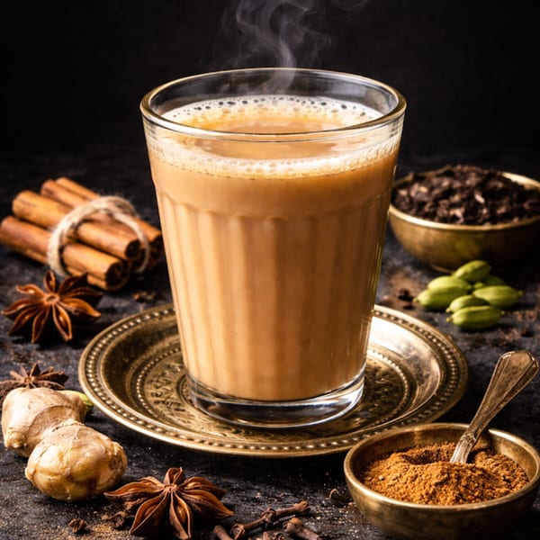 Steaming glass of chai on a brass saucer, surrounded by spices like cinnamon, ginger, and star anise.