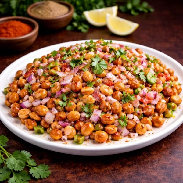 A white plate holds a chickpea salad with red onions, green peppers, and cilantro, with spices and lemon in the background.