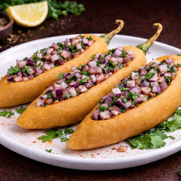Three golden-fried chili peppers stuffed with diced red onions and herbs on a white plate.