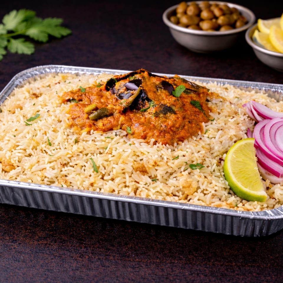 Biryani rice with eggplant curry, red onions, and lime in a foil container.