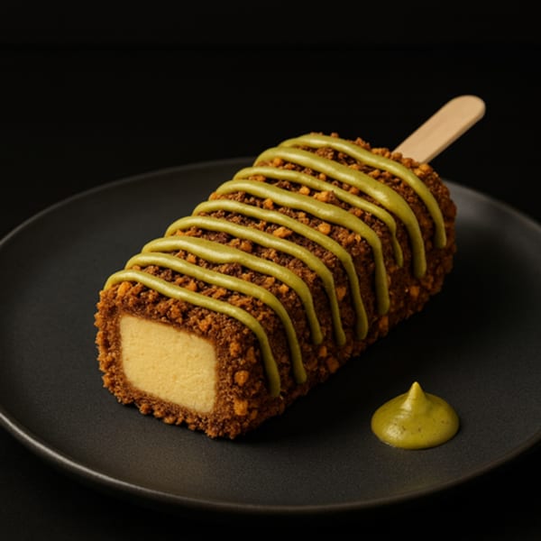 Cheesecake bar with a crumb coating, green matcha drizzle, and a wooden stick, on a dark plate.