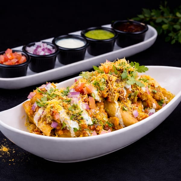 A white bowl of Indian chaat with various toppings and side sauces on a black background.