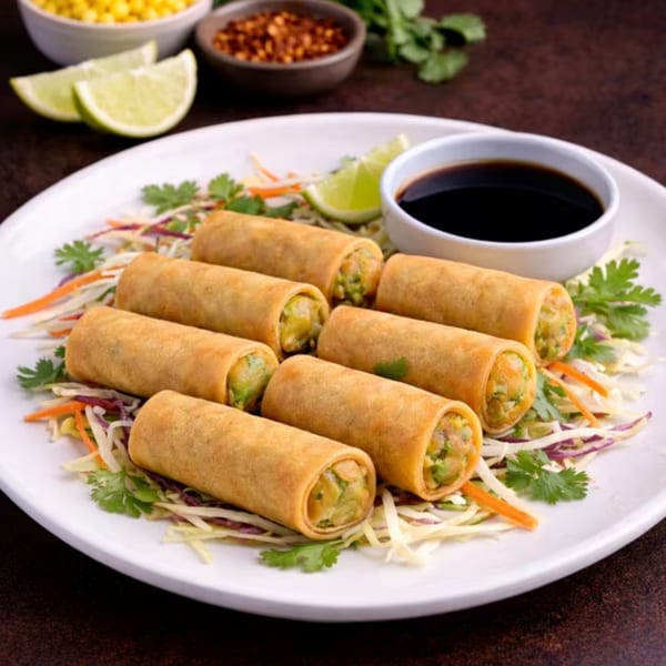 Crispy golden egg rolls filled with vegetables, served on a bed of shredded cabbage with dipping sauce.