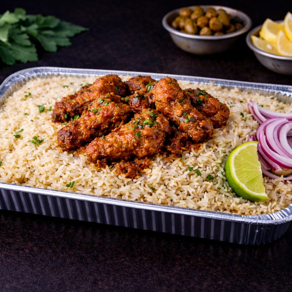 Spicy chicken wings over rice in a foil pan, garnished with lime and red onions.