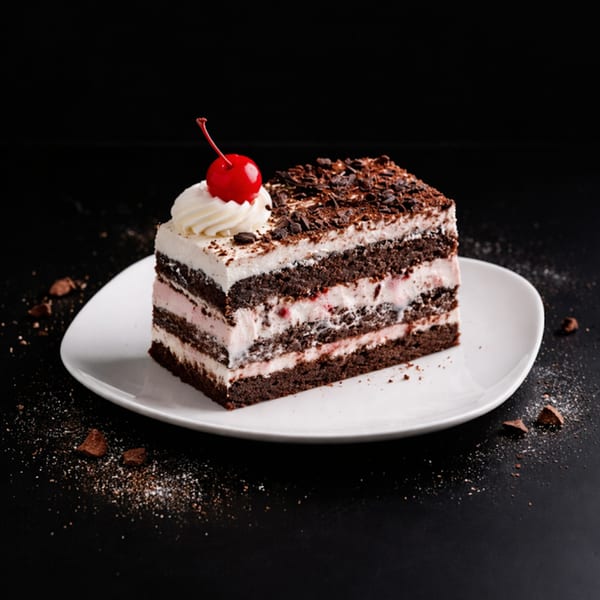 A slice of chocolate cake with white frosting layers, topped with whipped cream, chocolate shavings, and a cherry.