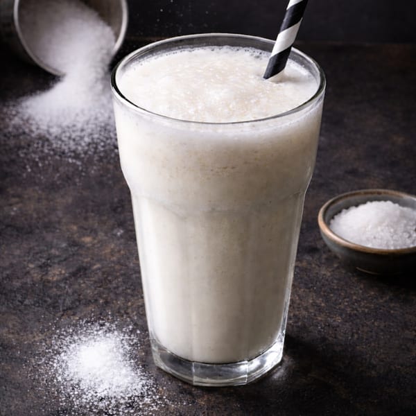 Creamy white milkshake with a striped straw, surrounded by spilled sugar on a dark surface.