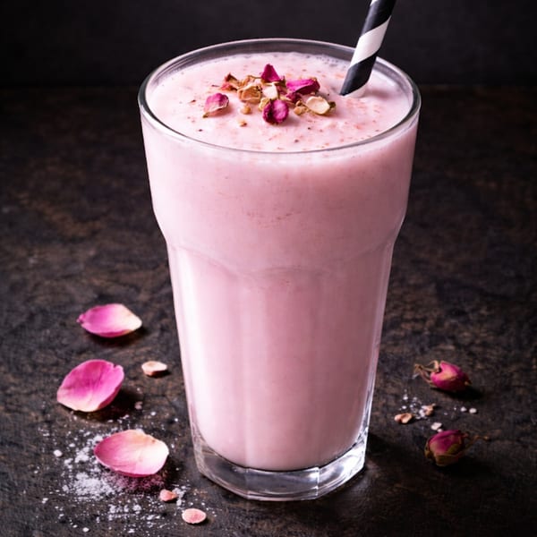 Pink rose milkshake in a tall glass with a striped straw, garnished with rose petals.